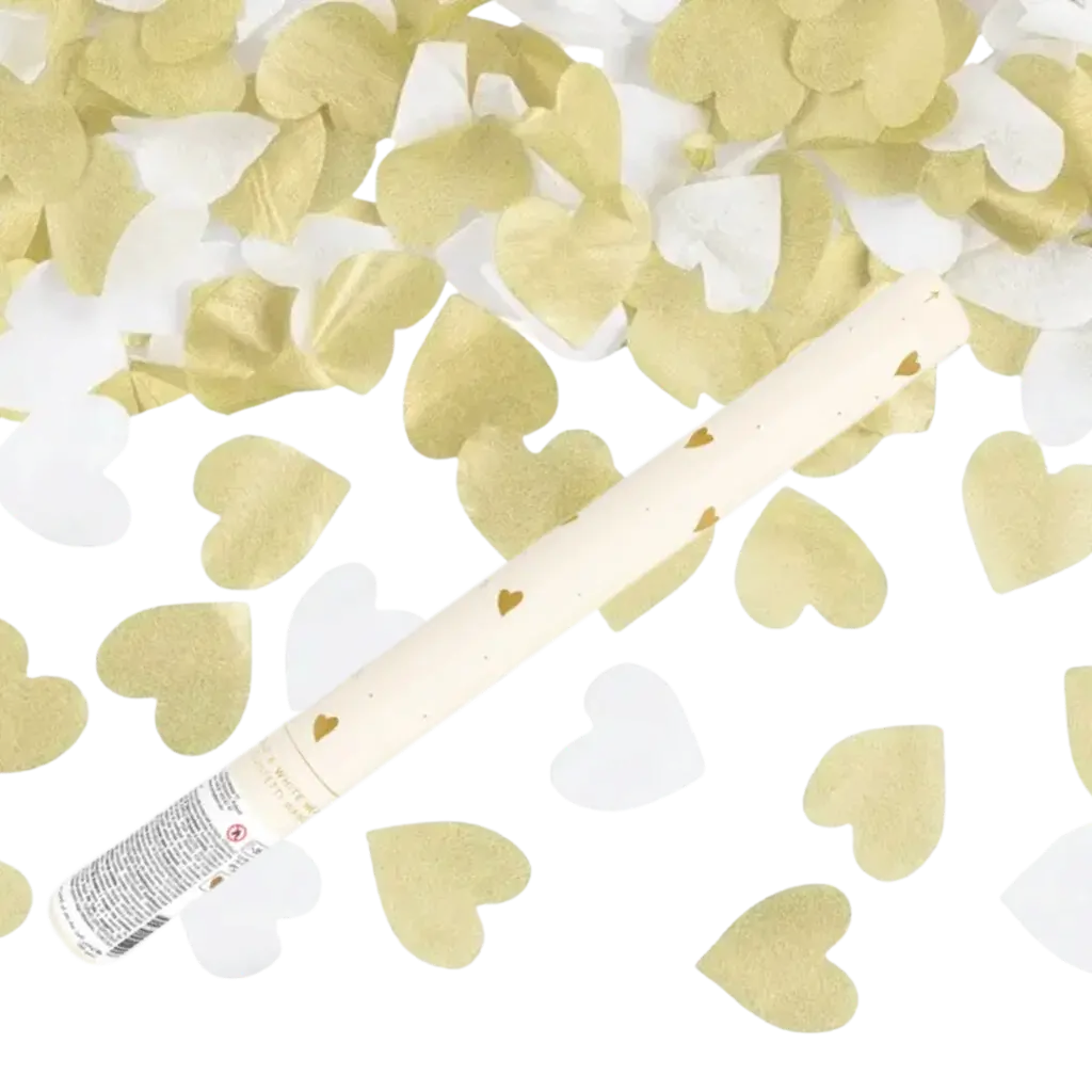 Cannone Coriandoli 35cm - Cuore Bianco/Oro 100% BIODEGRADABILE