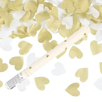 Cannone Coriandoli 35cm - Cuore Bianco/Oro 100% BIODEGRADABILE