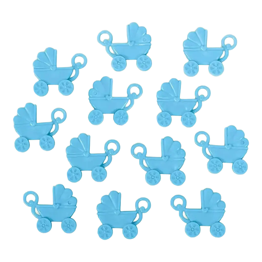 12 passeggini in plastica blu 4x3,5 cm