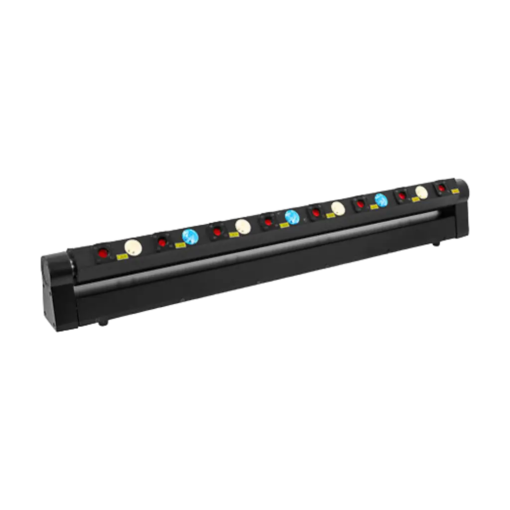 Barra con 8 laser rossi motorizzati e 8 LED Evolite RGBW