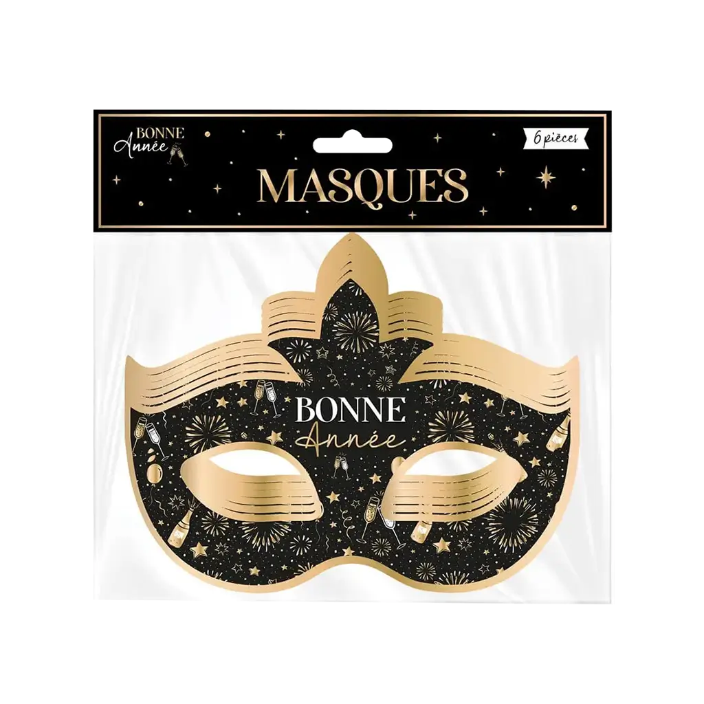 Maschera veneziana "Buon anno" nera e oro - Set di 6 pezzi
