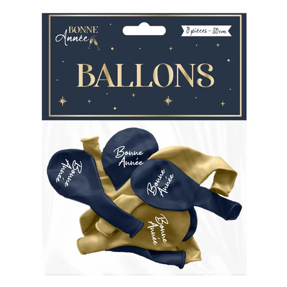 Palloncini "Happy New Year" blu navy/oro da 30 cm - Set di 8 palloncini