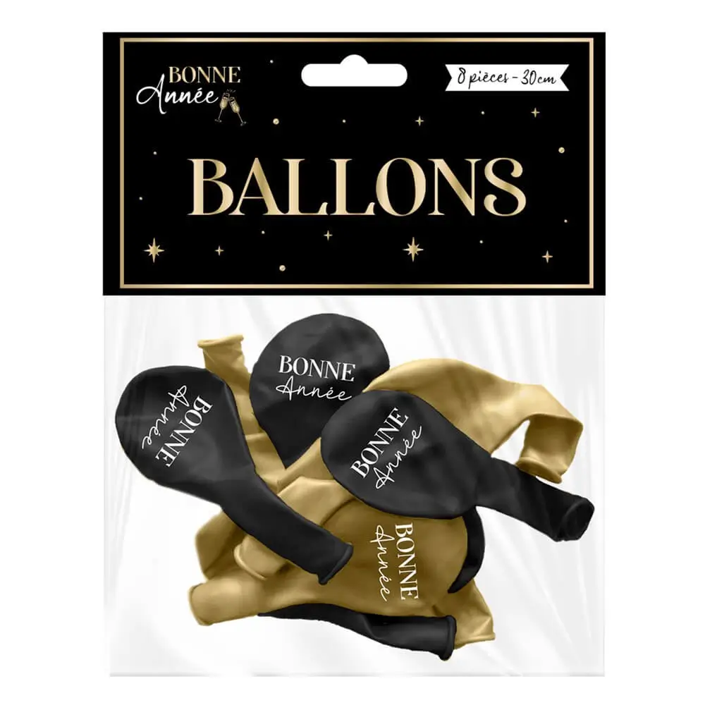 Copia di palloncini "Happy New Year" nero/oro 30cm - Set di 8 palloncini