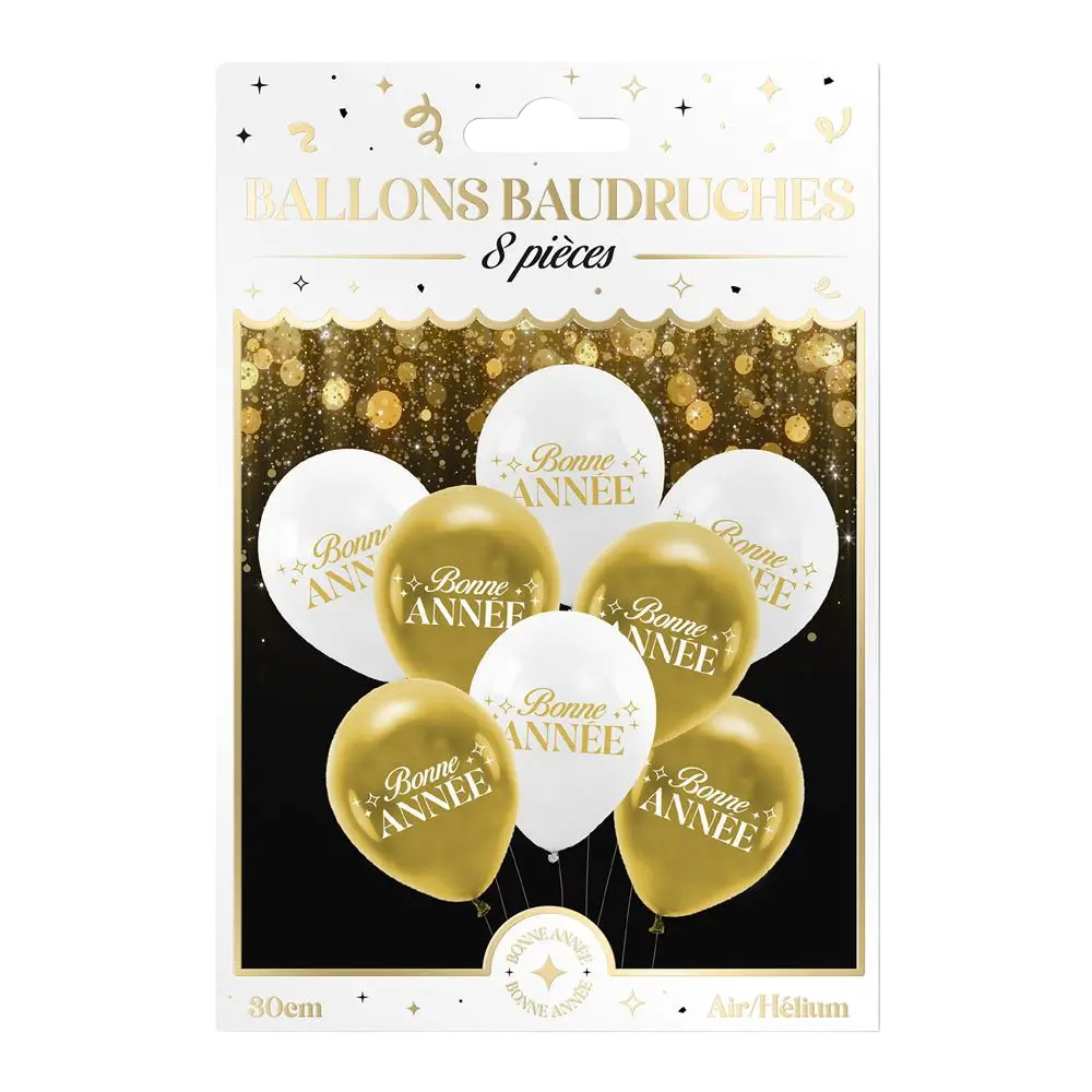 Palloncini “Buon Anno” Bianco / Oro 30 cm – Confezione da 8