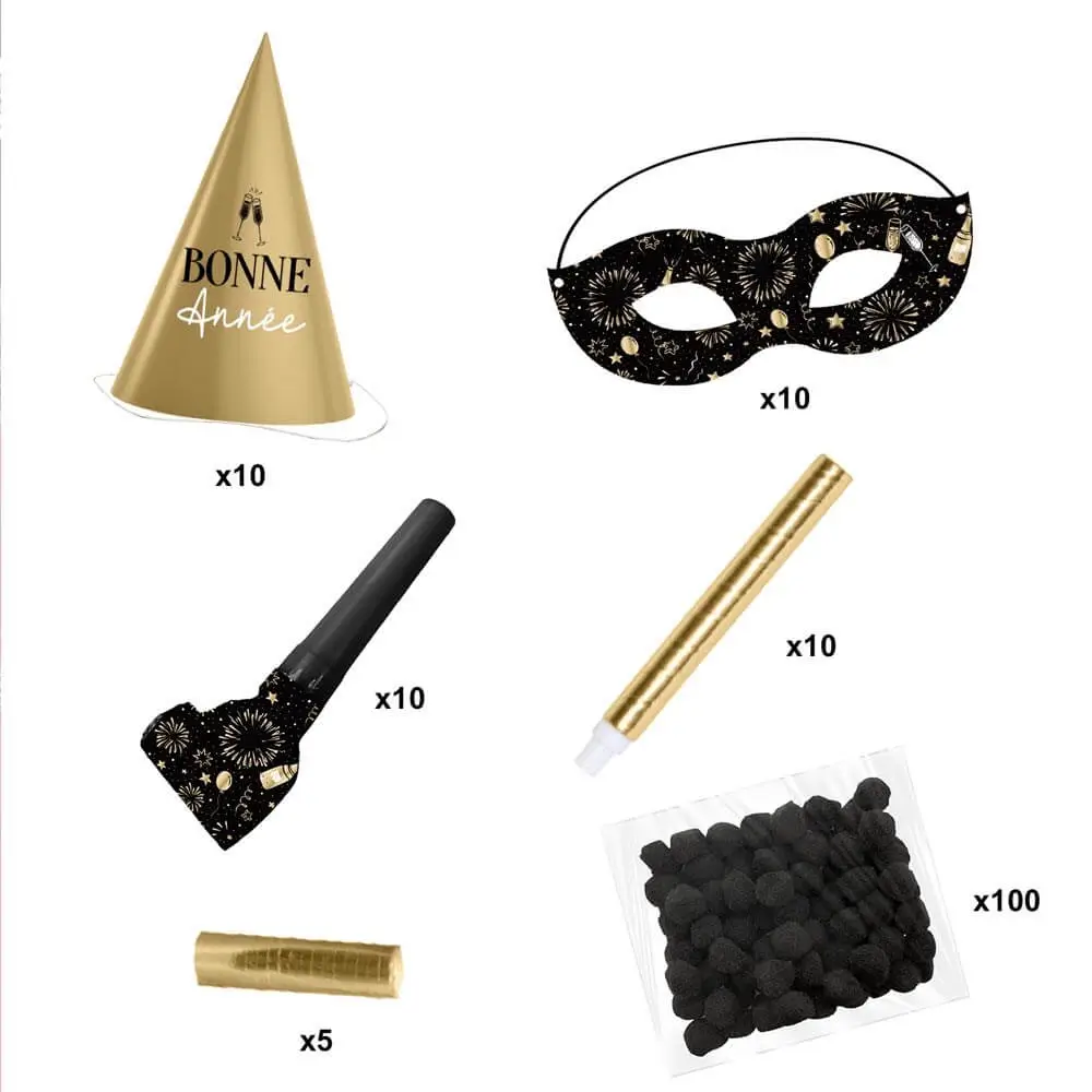 Set di accessori Happy New Year nero/oro - 10 persone