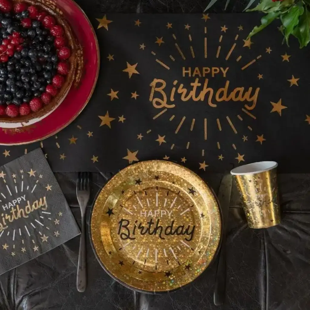 Tovagliolo Happy Birthday nero e oro - Set di 10 pezzi