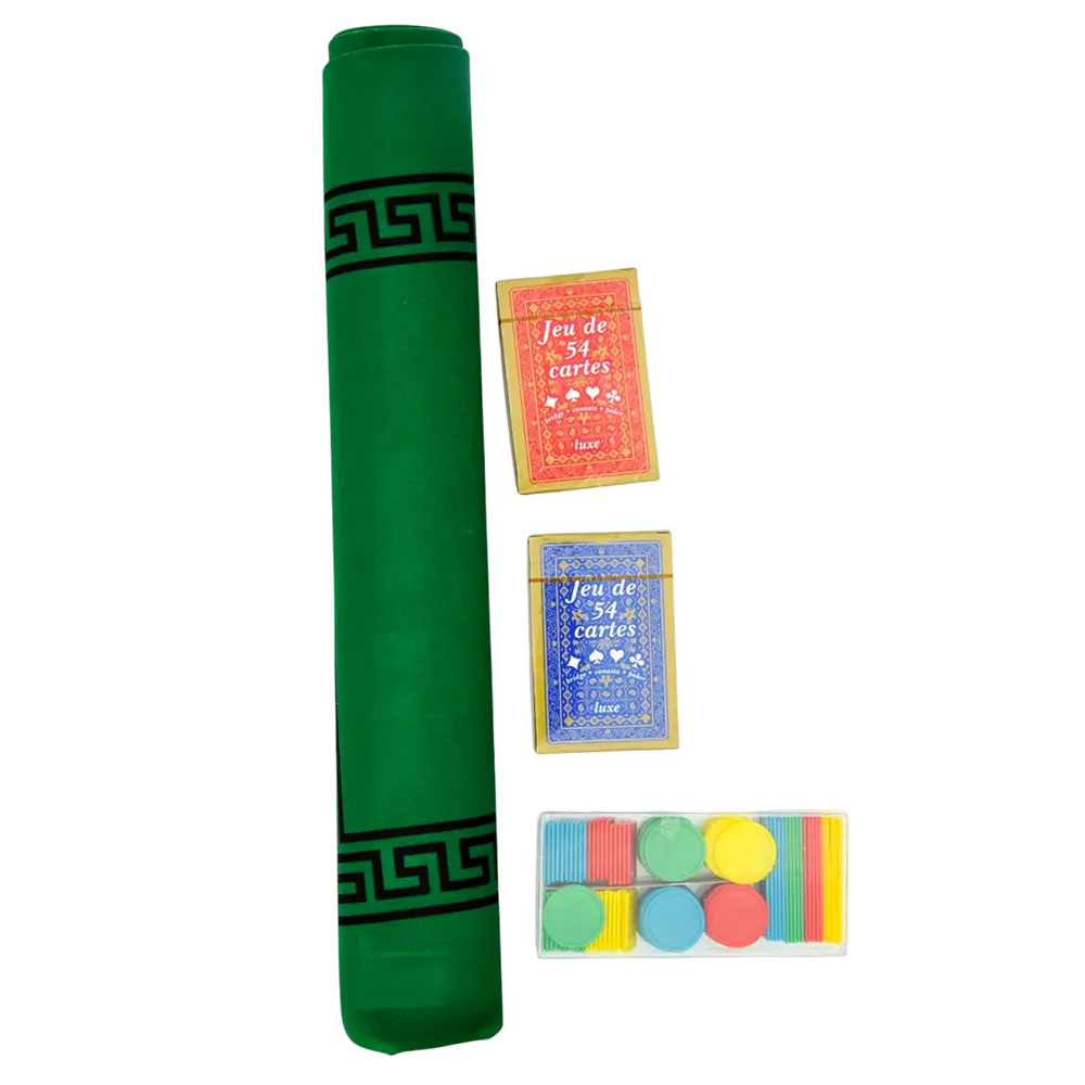 Pacchetto tappetino di gioco + 2 mazzi di carte + 100 fiches