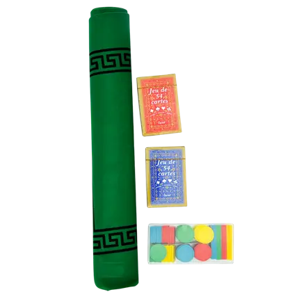 Pacchetto tappetino di gioco + 2 mazzi di carte + 100 fiches