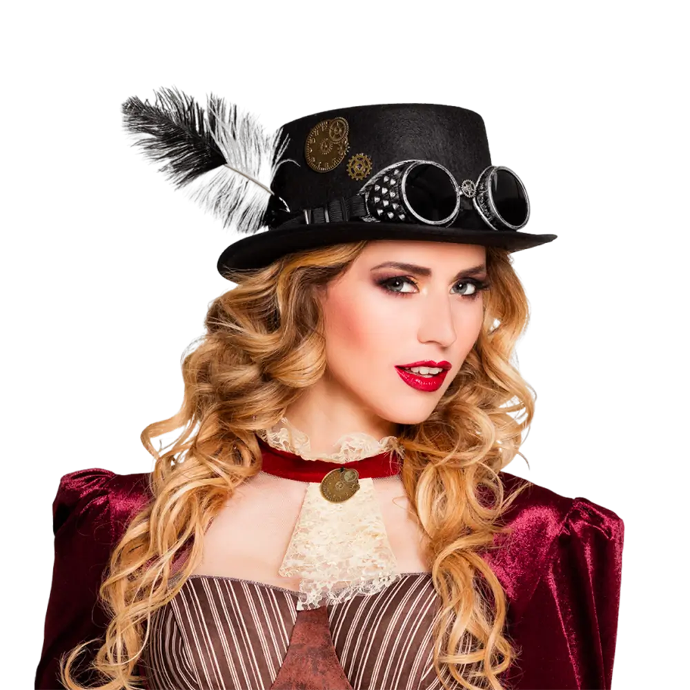 Cappello a cilindro steampunk con occhiali e piume di struzzo