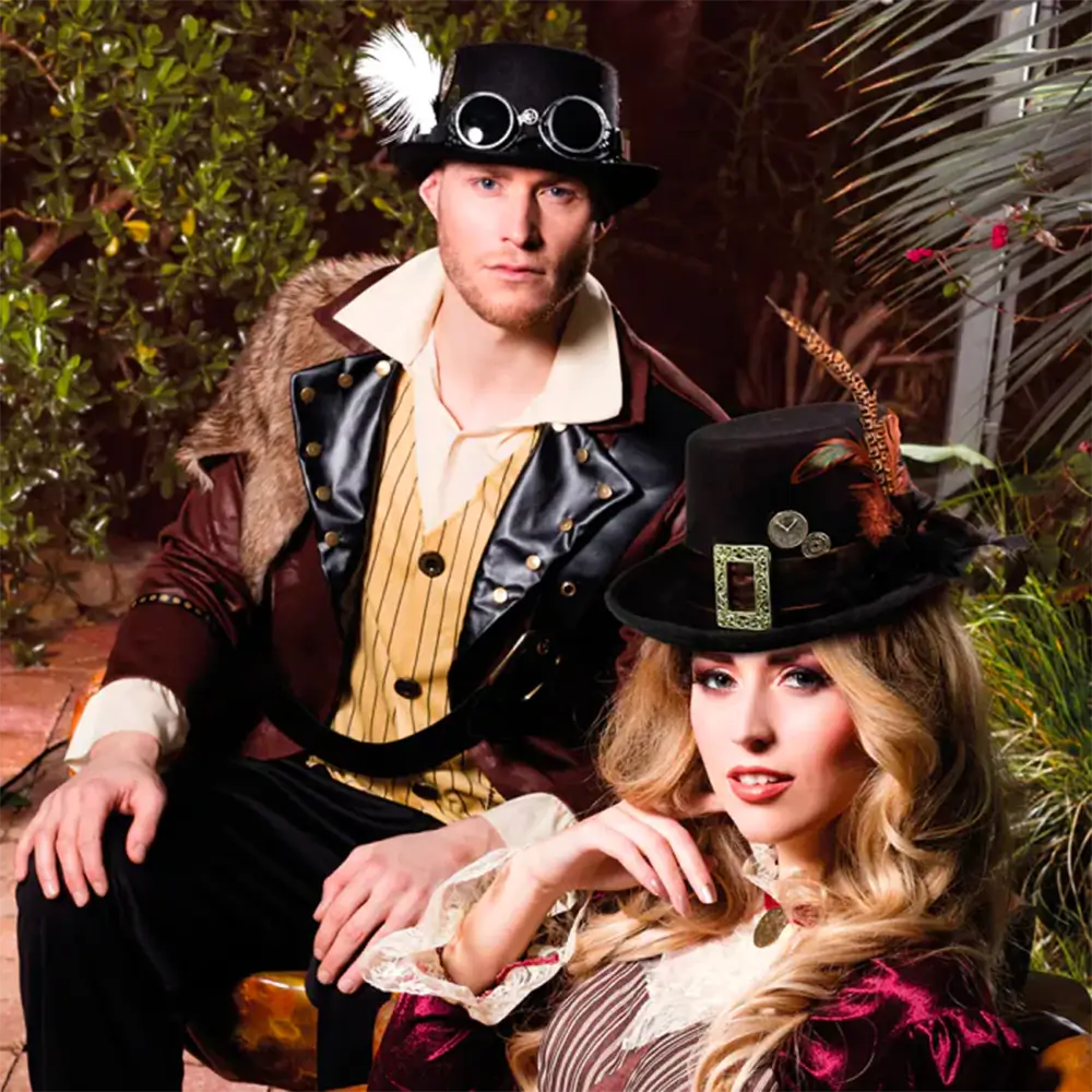 Cappello a cilindro steampunk con occhiali e piume di struzzo