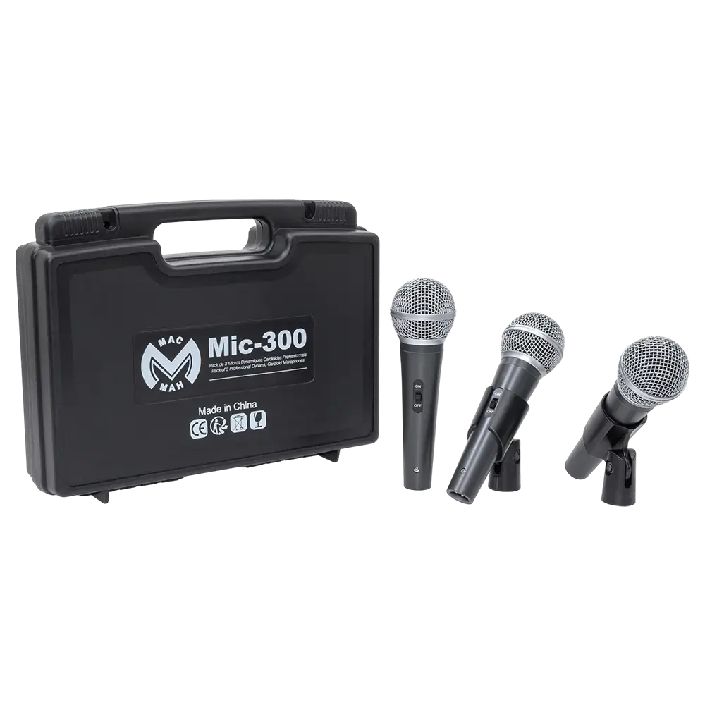 Microfono dinamico "MIC 300" Mac Mah – Confezione da 3 microfoni cablati con valigetta, clip, supercardioide, XLR