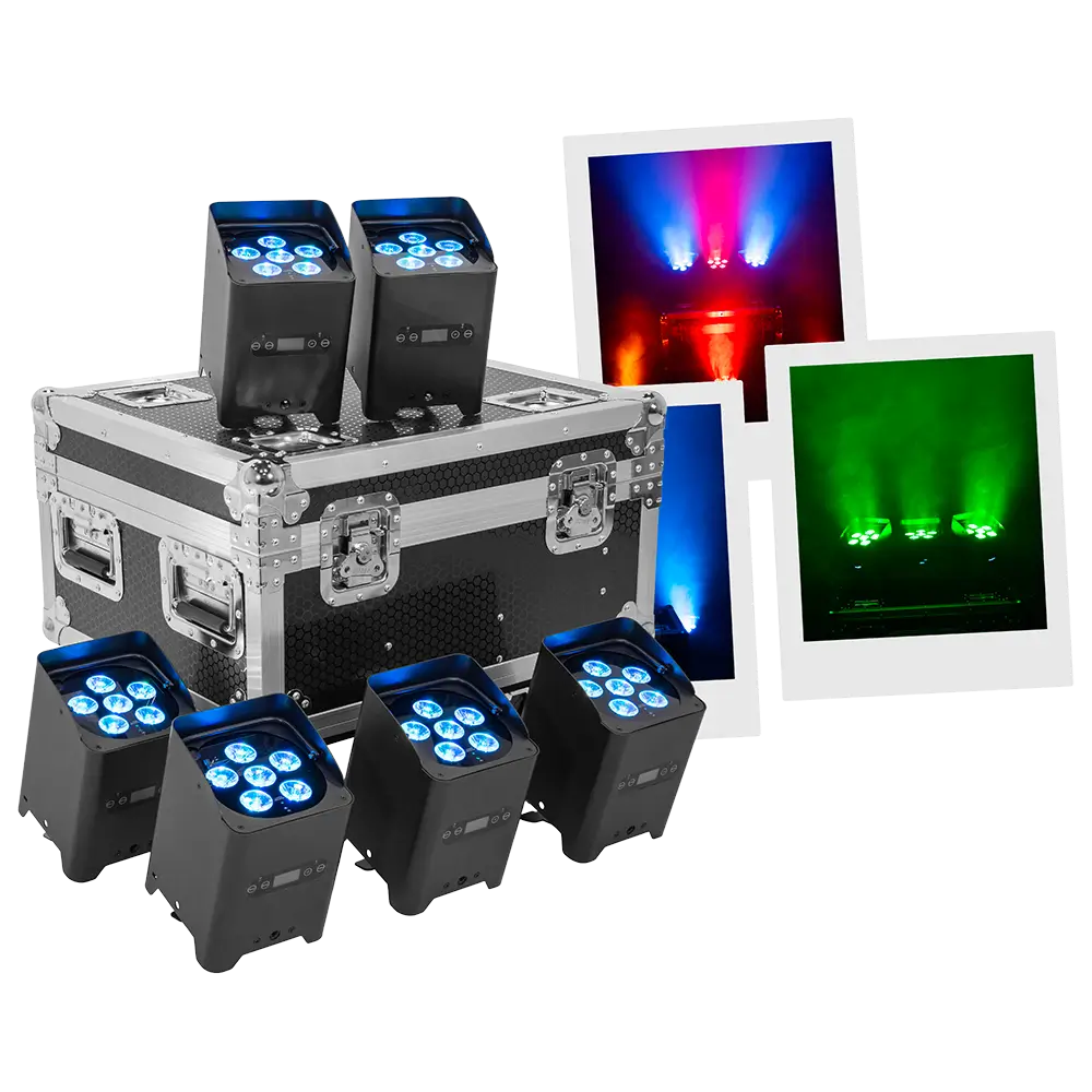 Proiettori LED "IZY Glow Set" Mac Mah – 6×15W RGBWA-UV, DMX wireless, ricaricabili