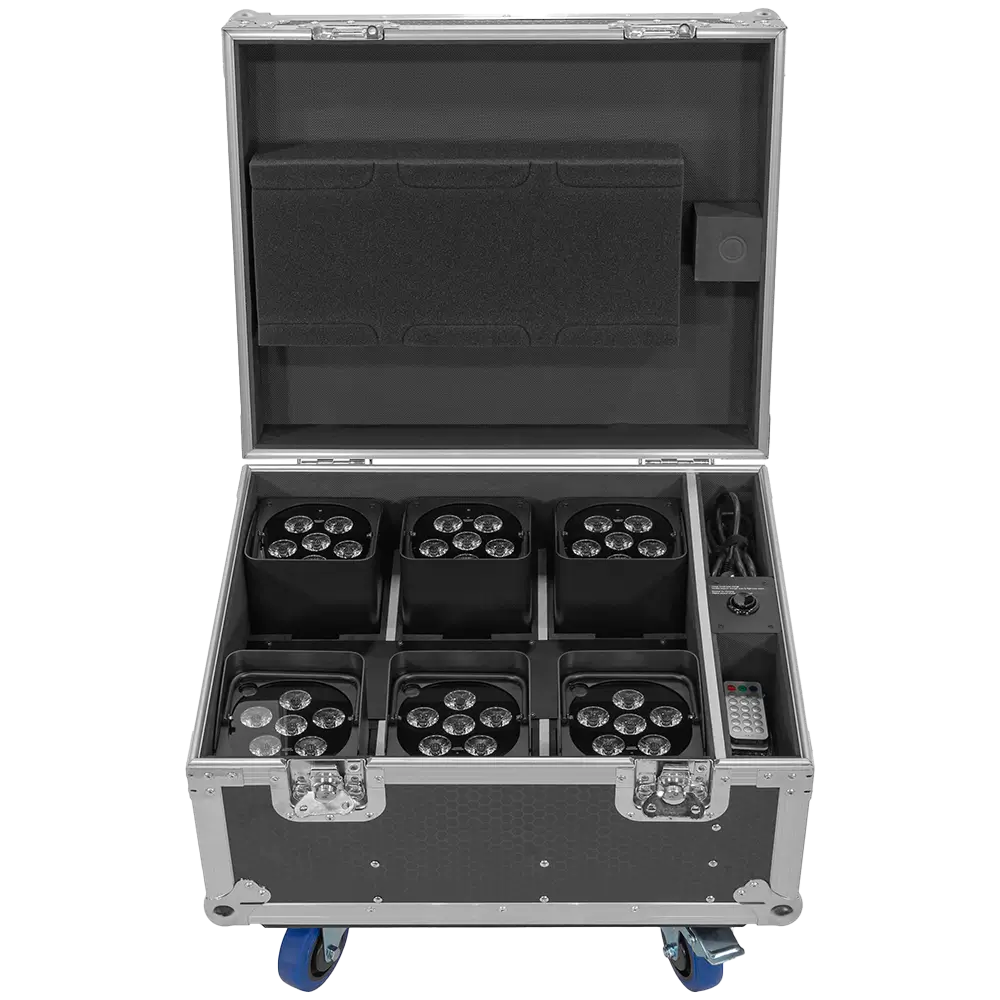 Proiettori LED "IZY Glow Set" Mac Mah – 6×15W RGBWA-UV, DMX wireless, ricaricabili