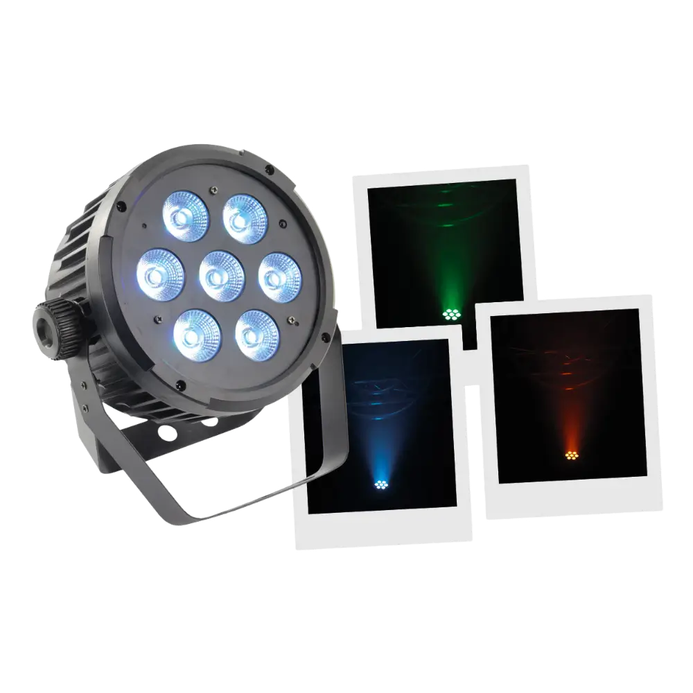 Proiettore PAR LED 7x10W 5in1 - 7 LED RGBWA, DMX, modalità automatica e musicale e telecomando