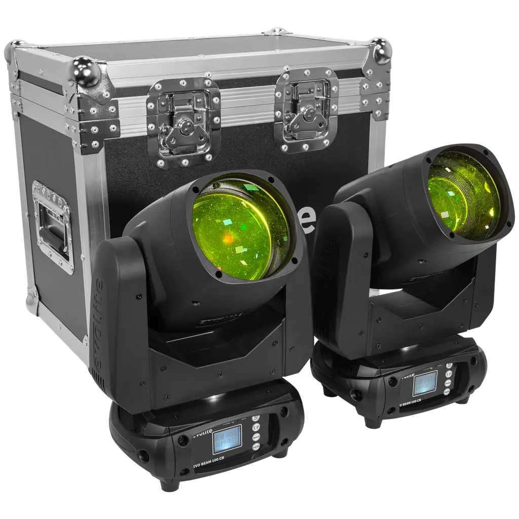 Confezione da 2 proiettori da 100 W in flight case - Evo Beam 100 CR Set Evolite - Controllo DMX e LED multicolore