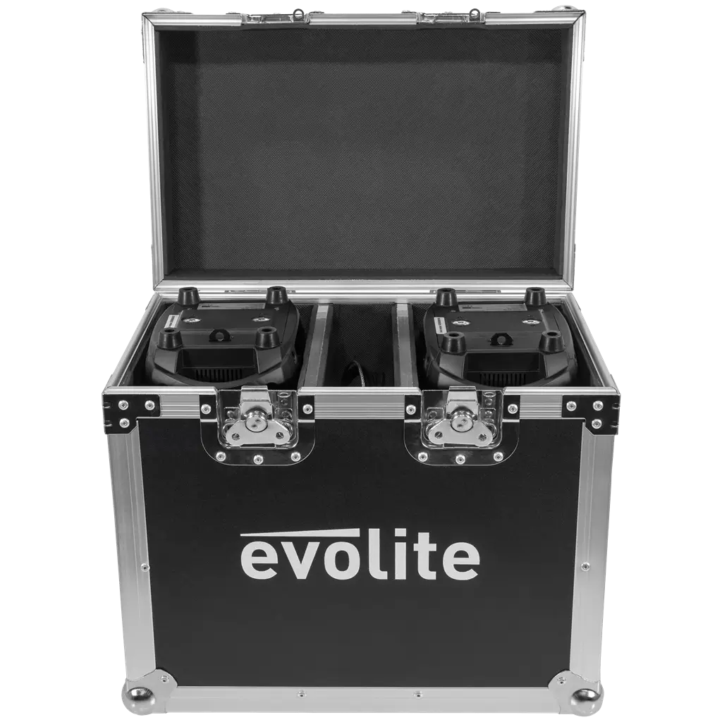 Confezione da 2 proiettori da 100 W in flight case - Evo Beam 100 CR Set Evolite - Controllo DMX e LED multicolore