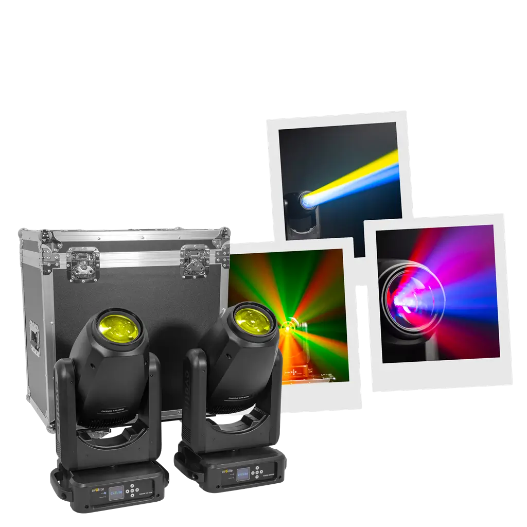 Confezione di 2 proiettori ibridi da 350 W in flight case - Fusion 350 BSW Set Evolite - Intelligent Beam, Spot & Wash