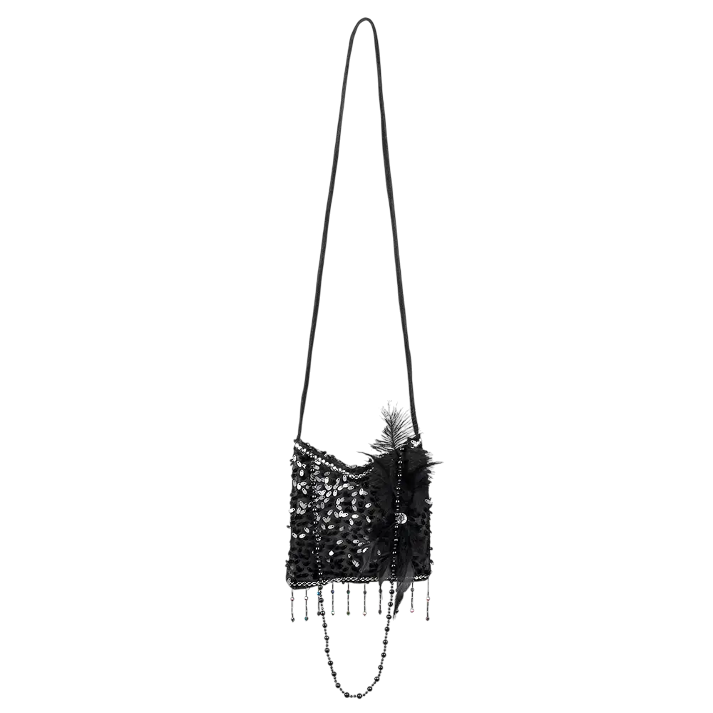 Borsa a tracolla nera "Flapper" con strass e piume