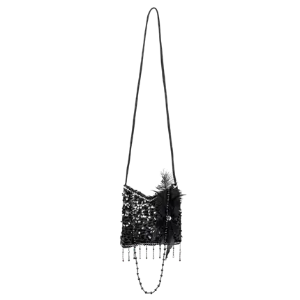 Borsa a tracolla nera Flapper con strass e piume