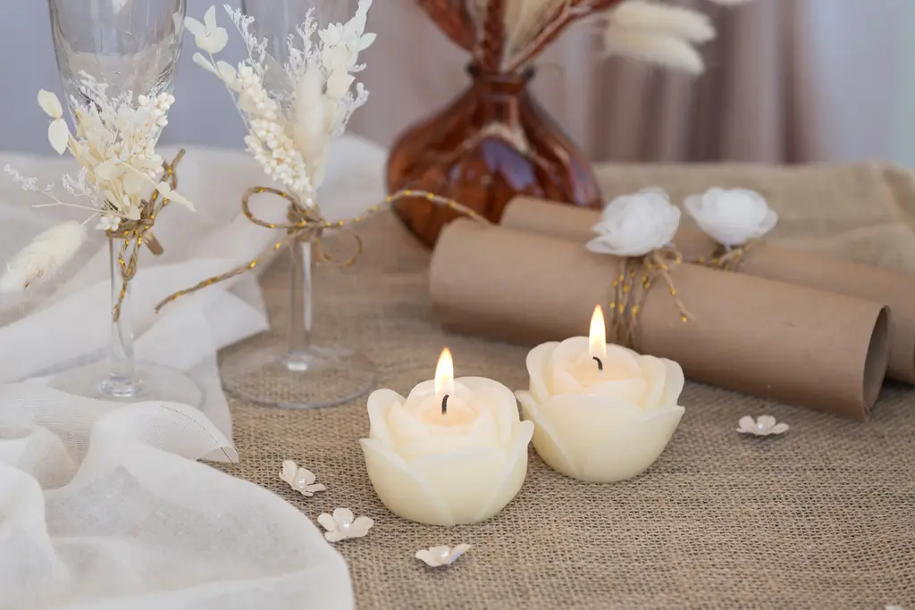 Candela con fiore scolpito rosa - Avorio