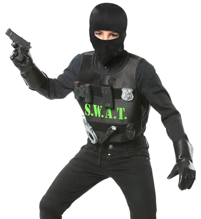"SWAT (giubbotto antiproiettile, distintivo, pistola, manette, radio, torcia, granata, binocolo).
