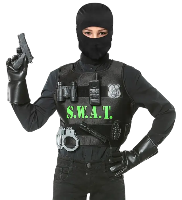 "SWAT (giubbotto antiproiettile, distintivo, pistola, manette, radio, torcia, granata, binocolo).