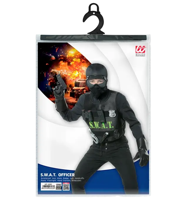 "SWAT (giubbotto antiproiettile, distintivo, pistola, manette, radio, torcia, granata, binocolo).