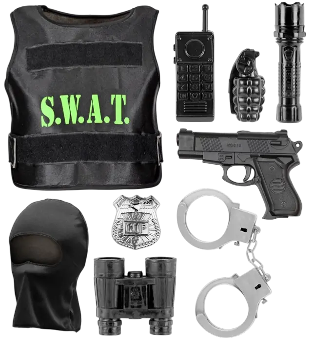 "SWAT (giubbotto antiproiettile, distintivo, pistola, manette, radio, torcia, granata, binocolo).