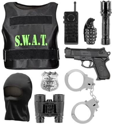 SWAT (giubbotto antiproiettile, distintivo, pistola, manette, radio, torcia, granata, binocolo).