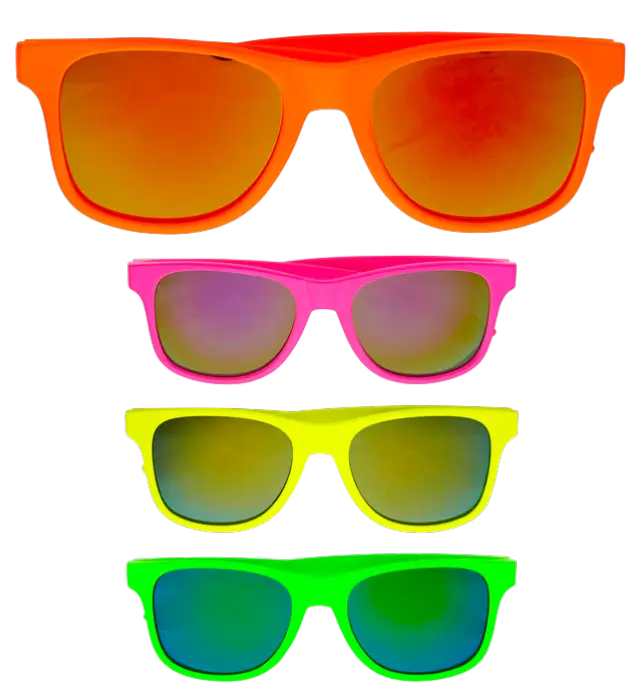 Occhiali Neon Anni 80 con Lenti Revo – 4 Colori Assortiti – Accessorio Costume Disco