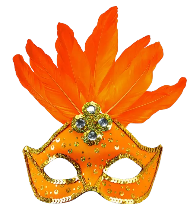 Maschera Lupo Carnevale Brasile Neon Arancione con Paillettes Oro e Piume – Accessorio Costume