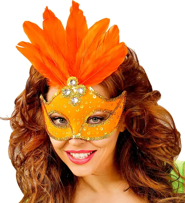 Maschera Lupo Carnevale Brasile Neon Arancione con Paillettes Oro e Piume – Accessorio Costume