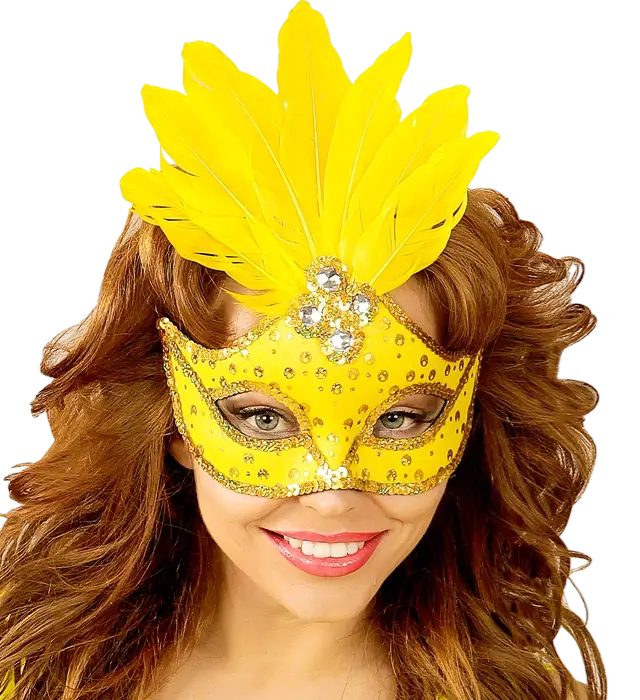 Maschera Lupo Carnevale Brasile Neon Giallo con Paillettes Oro e Piume – Accessorio Costume