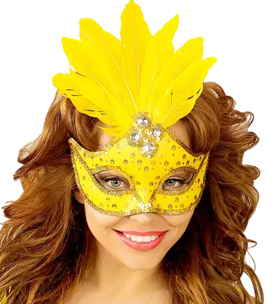 Maschera Lupo Carnevale Brasile Neon Giallo con Paillettes Oro e Piume – Accessorio Costume