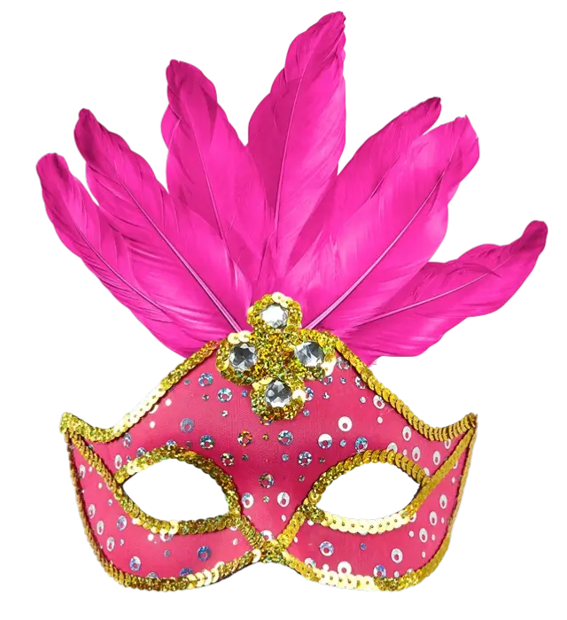 Maschera Lupo Carnevale Brasile Neon Rosa con Paillettes Oro e Piume – Accessorio Costume
