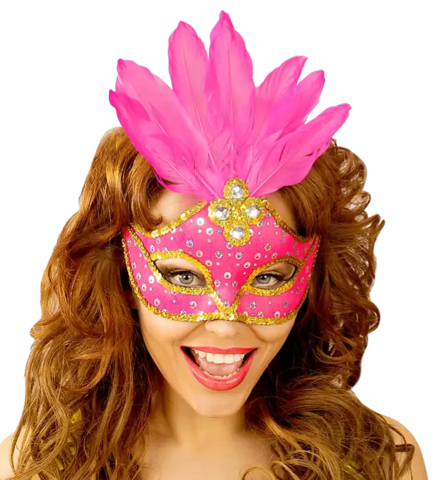 Maschera Lupo Carnevale Brasile Neon Rosa con Paillettes Oro e Piume – Accessorio Costume