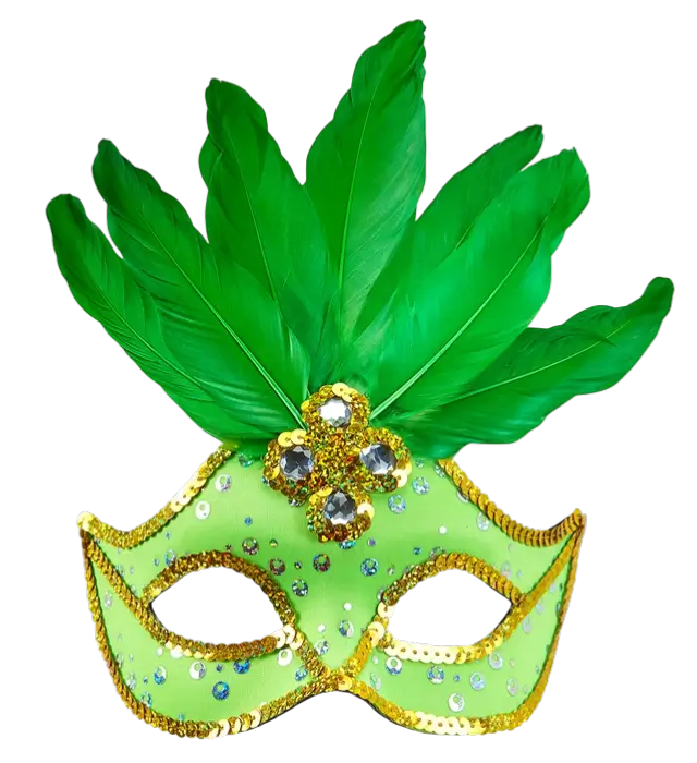 Maschera Lupo Carnevale Brasile Neon Verde con Paillettes Oro e Piume – Accessorio Costume