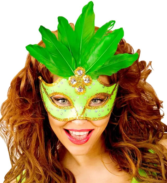 Maschera Lupo Carnevale Brasile Neon Verde con Paillettes Oro e Piume – Accessorio Costume
