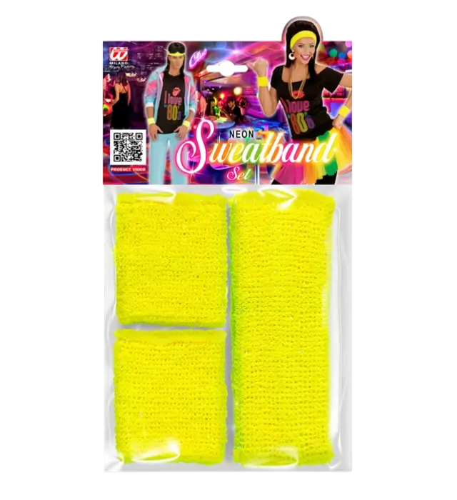 Set Completo Fasce Giallo Neon – Fascia per Capelli e 2 Fasce da Polso – Accessorio Costume Anni 80