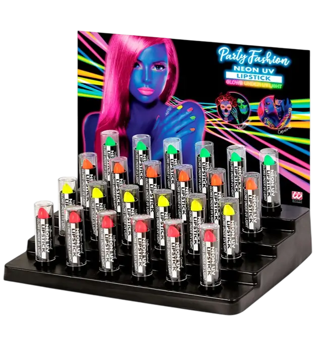 Display da 24 Rossetti Fluo 6 ml – Rosa, Giallo, Verde, Arancione Neon – Trucco per Costume