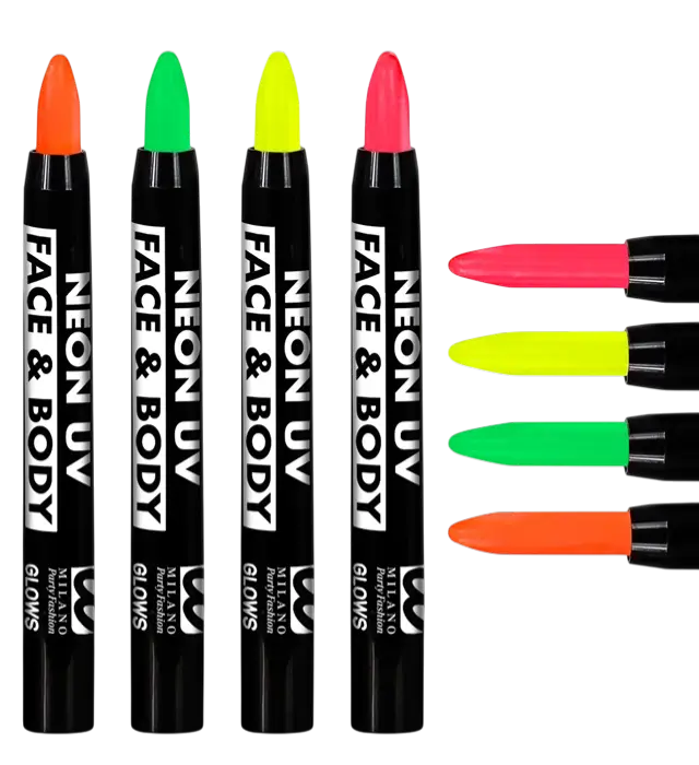 Display da 24 Matite Trucco Fluo 3,5 ml – Rosa, Giallo, Verde, Arancione Neon – Trucco per Costume