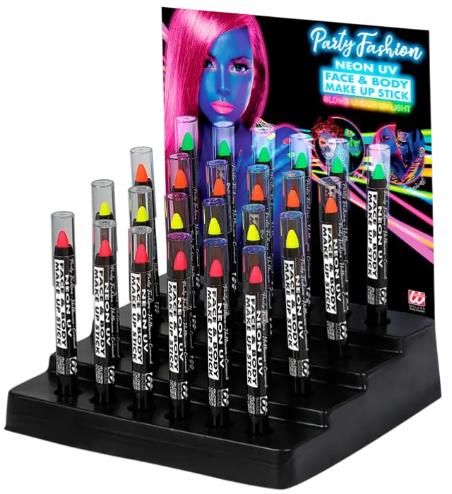 Display da 24 Matite Trucco Fluo 3,5 ml – Rosa, Giallo, Verde, Arancione Neon – Trucco per Costume