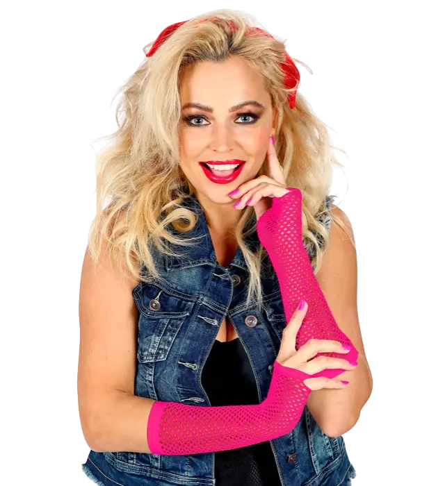 Guanti a Rete Rosa Fluo 33 cm – Accessorio Costume Anni 80