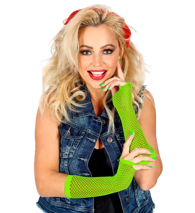 Guanti a Rete Verde Neon Senza Dita 33 cm – Accessorio Costume Anni 80