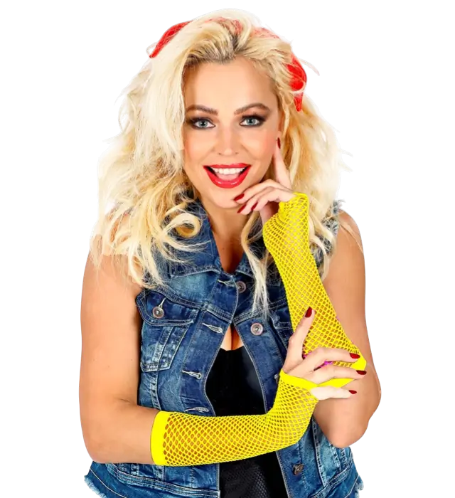 Guanti a Rete Giallo Neon Senza Dita 33 cm – Accessorio Costume Anni 80
