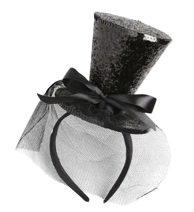 Mini Cappello Nero con Paillettes su Fascia con Fiocco e Velo – Accessorio Costume Cabaret