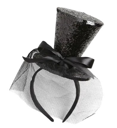 Mini Cappello Nero con Paillettes su Fascia con Fiocco e Velo – Accessorio Costume Cabaret