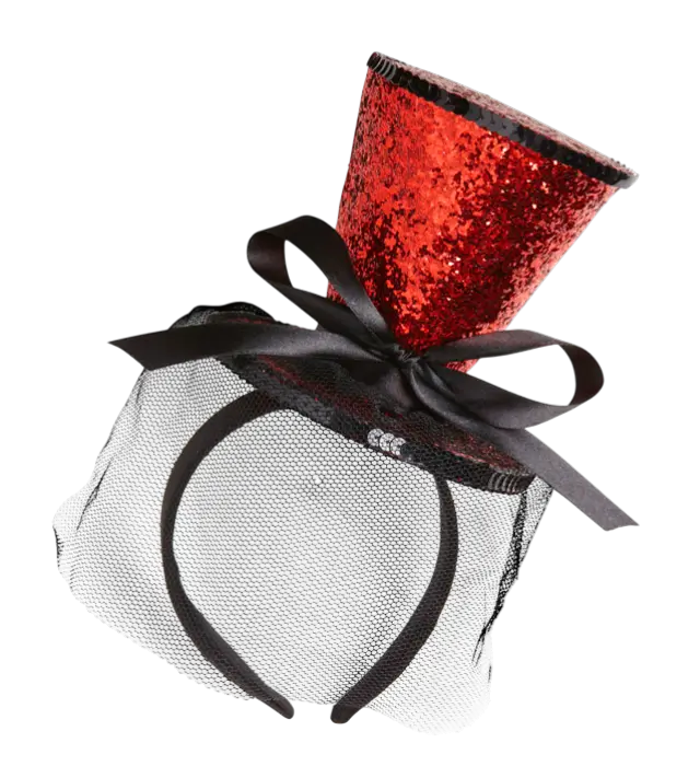 Mini Cappello Rosso con Paillettes su Fascia con Fiocco e Velo – Accessorio Costume Cabaret