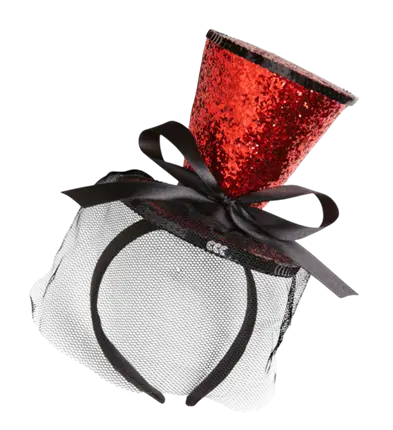 Mini Cappello Rosso con Paillettes su Fascia con Fiocco e Velo – Accessorio Costume Cabaret