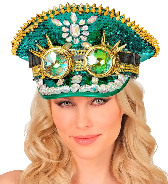 Cappellino Festival Verde con Punte, Gioielli e Occhiali Kaleidoscopici con Paillettes – Accessorio Costume